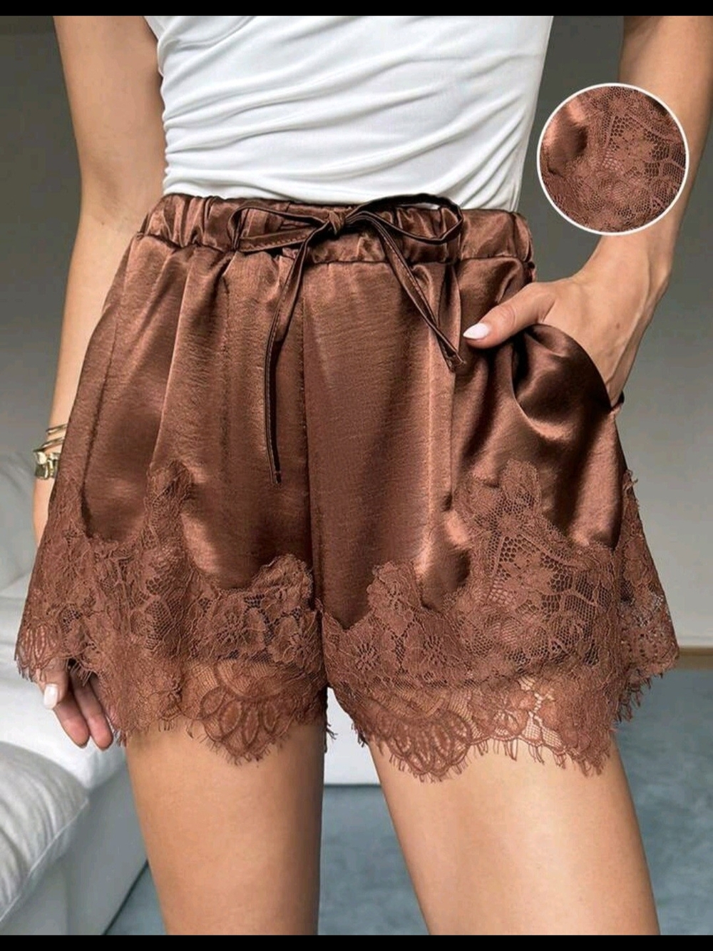 SHEIN Brown Satin Lace-Trim High Waist Shorts - Picture 1 of 6
